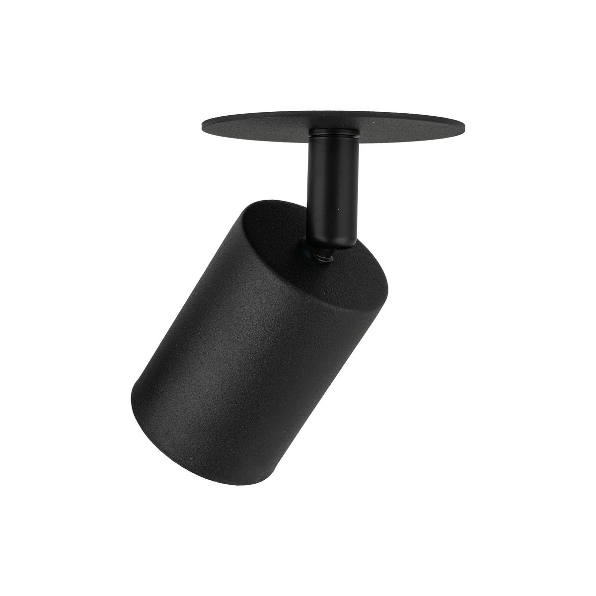 Lampa sufitowa podtynkowa Nex w kolorze czarnym, z okrągłą podstawą i cylindrycznym kloszem. E27, zamontowana pod kątem, wykonana z matowego materiału, idealna do nowoczesnych wnętrz.