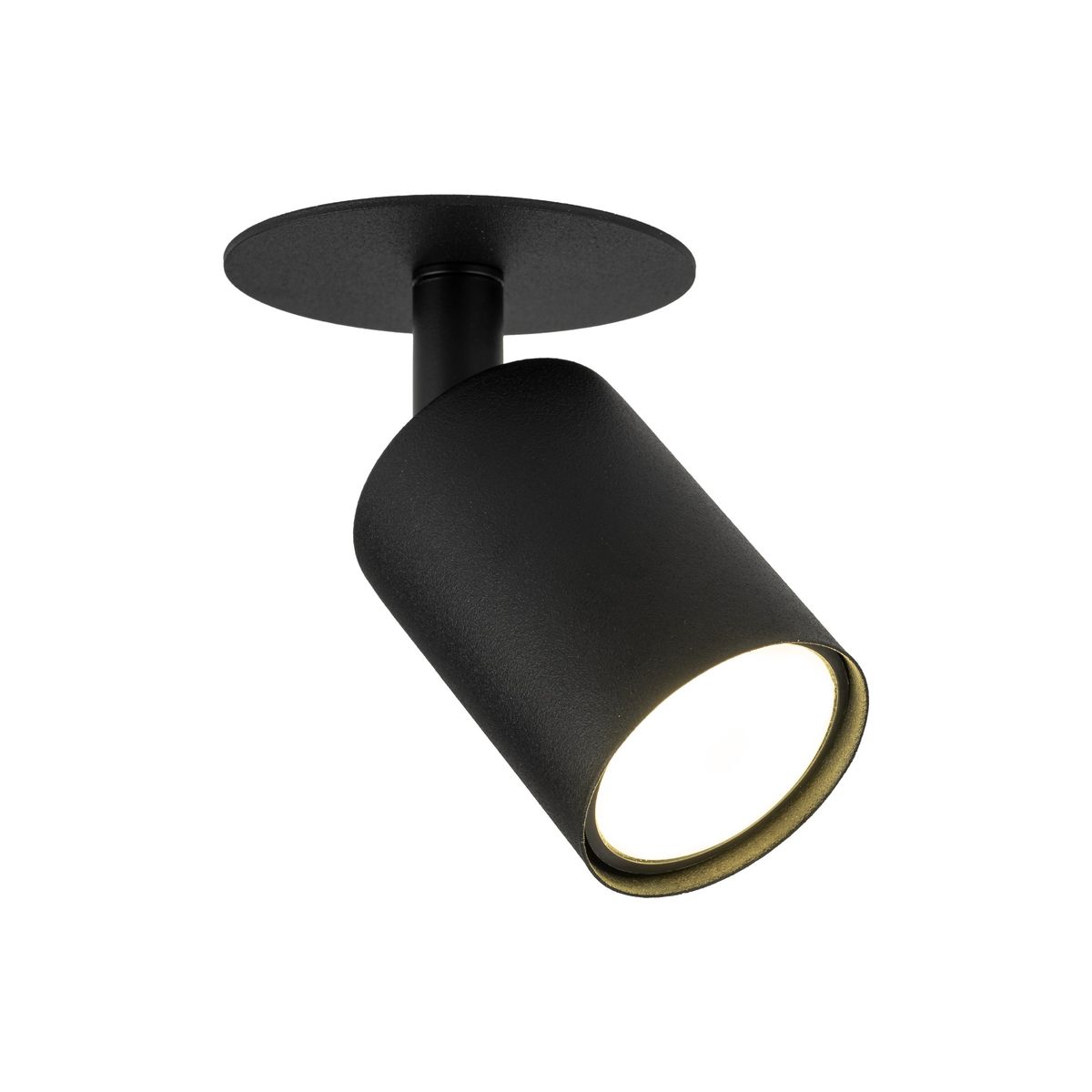 Lampa sufitowa podtynkowa Nex z pojedynczym uchwytem na żarówkę GU10. Wykonana z matowego czarnego metalu, z cylindrycznym kloszem skierowanym w dół. Zamontowana na okrągłej podstawie, idealna do nowoczesnych wnętrz.