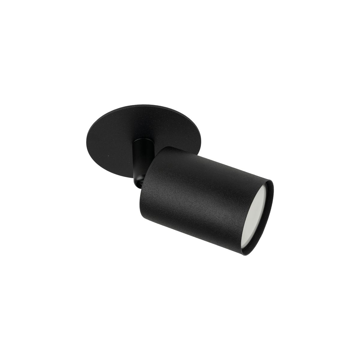 Lampa sufitowa podtynkowa Nex w kolorze czarnym, z pojedynczym źródłem światła GU10. Cylindryczny kształt z matowym wykończeniem, zamontowana na okrągłej podstawie. Ujęcie z boku, ukazujące detale konstrukcji i teksturę materiału.