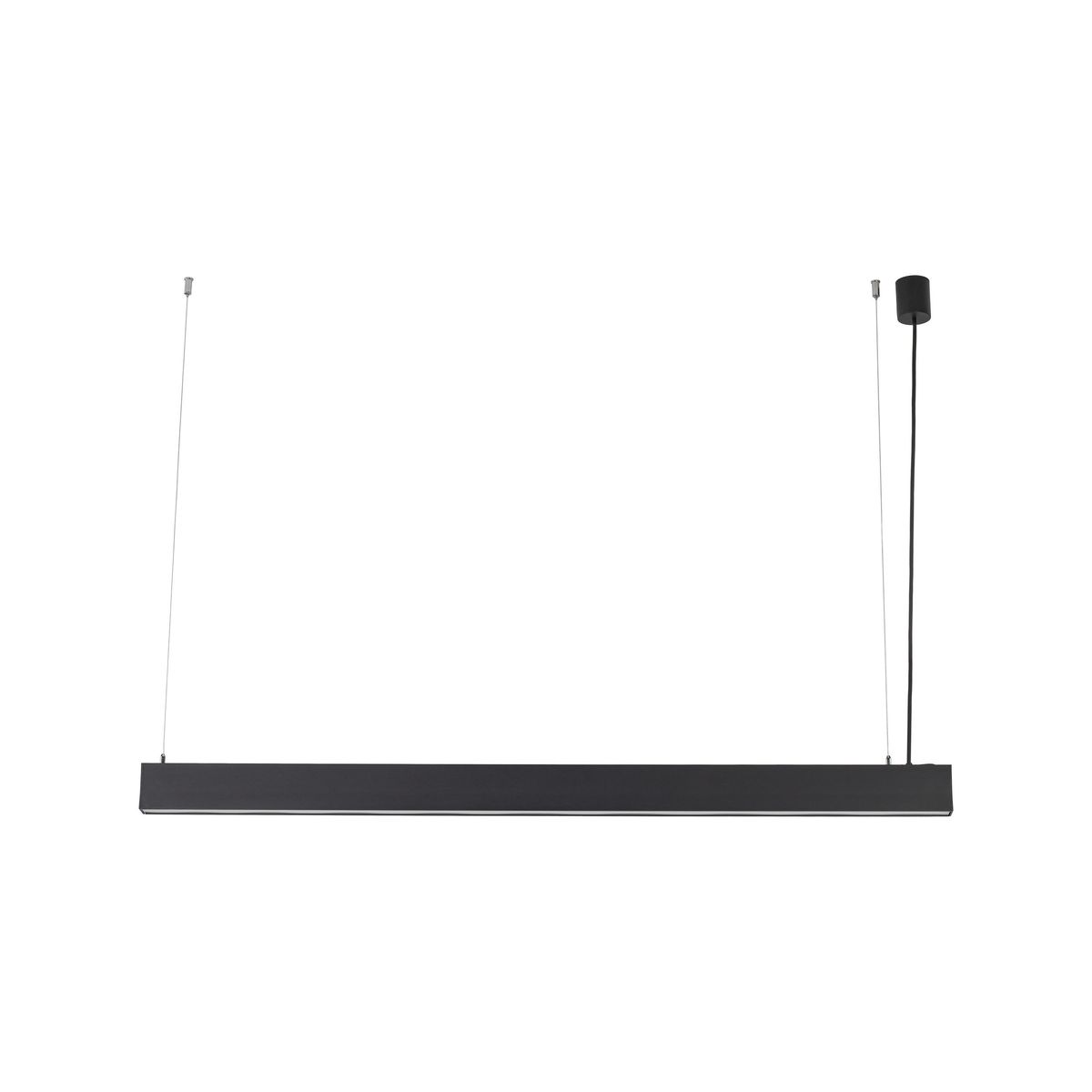 Luxe lampa wisząca 1xLED CCT w kolorze czarnym, o prostokątnym kształcie, zawieszona na cienkich linkach. Produkt widoczny z boku na białym tle, z minimalistycznym designem i eleganckim wykończeniem.