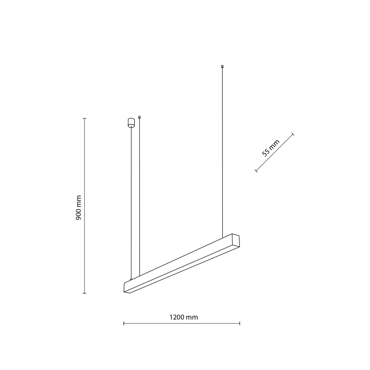 Lampa wisząca Luxe 1xLED CCT w kolorze czarnym o wymiarach 1200 mm długości i 55 mm wysokości, zawieszona na dwóch przewodach, idealna do nowoczesnych wnętrz. Wysokość montażu wynosi 900 mm.