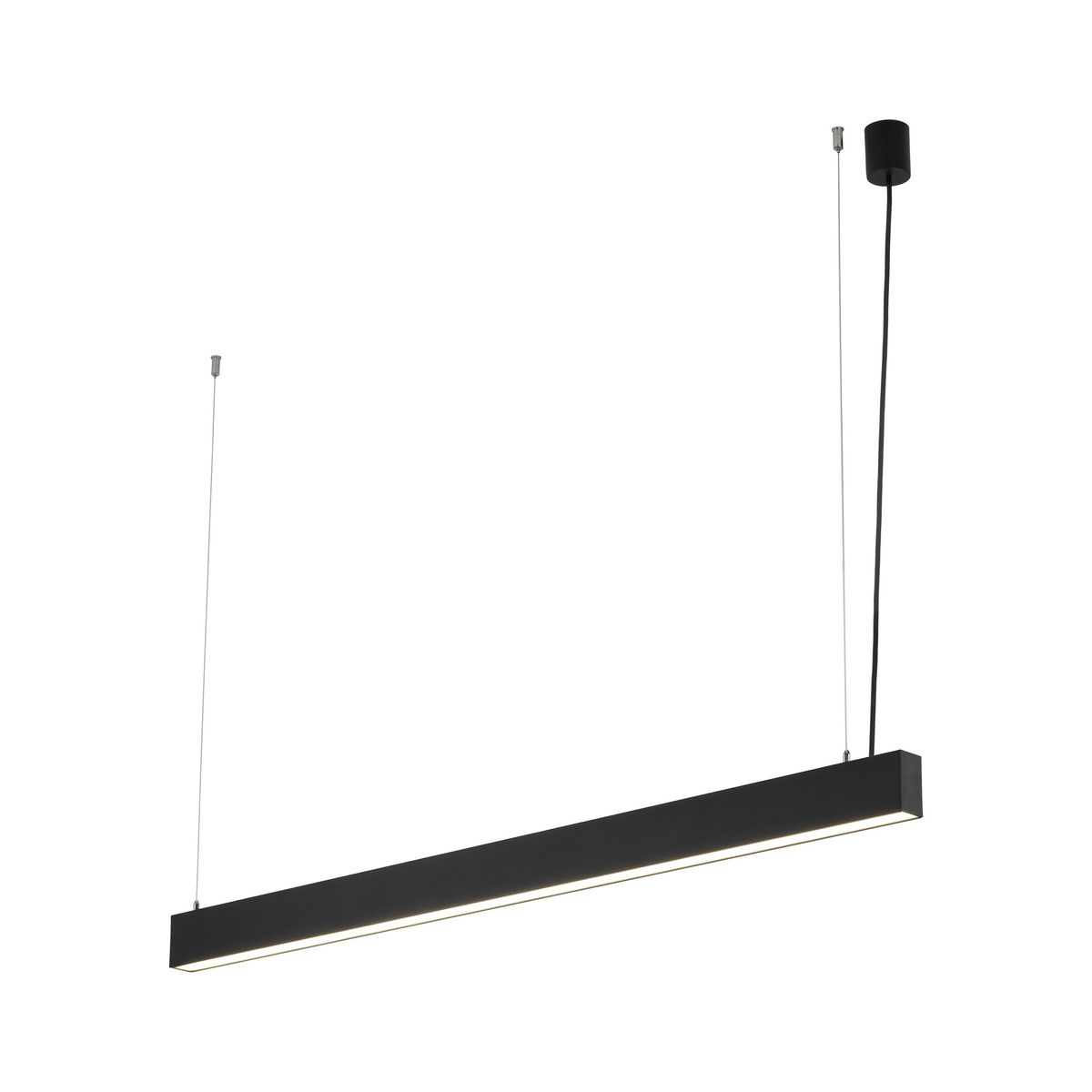 Lampa wisząca Luxe 1xLED CCT w kolorze czarnym, o prostokątnym kształcie. Zawieszona na cienkich linkach, z minimalistycznym designem. Wbudowane oświetlenie LED umieszczone wzdłuż dolnej krawędzi. Tło białe, co podkreśla elegancki wygląd lampy.