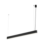 Lampa wisząca Luxe 1xLED CCT w kolorze czarnym, o prostokątnym kształcie. Zawieszona na cienkich linkach, z minimalistycznym designem. Wbudowane oświetlenie LED umieszczone wzdłuż dolnej krawędzi. Tło białe, co podkreśla elegancki wygląd lampy.
