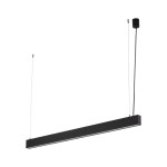 Lampa wisząca Luxe 1xLED CCT w kolorze czarnym, o prostokątnym kształcie. Zawieszona na dwóch cienkich linkach, z górnym elementem montażowym. Materiał matowy, minimalistyczny design, idealna do nowoczesnych wnętrz.