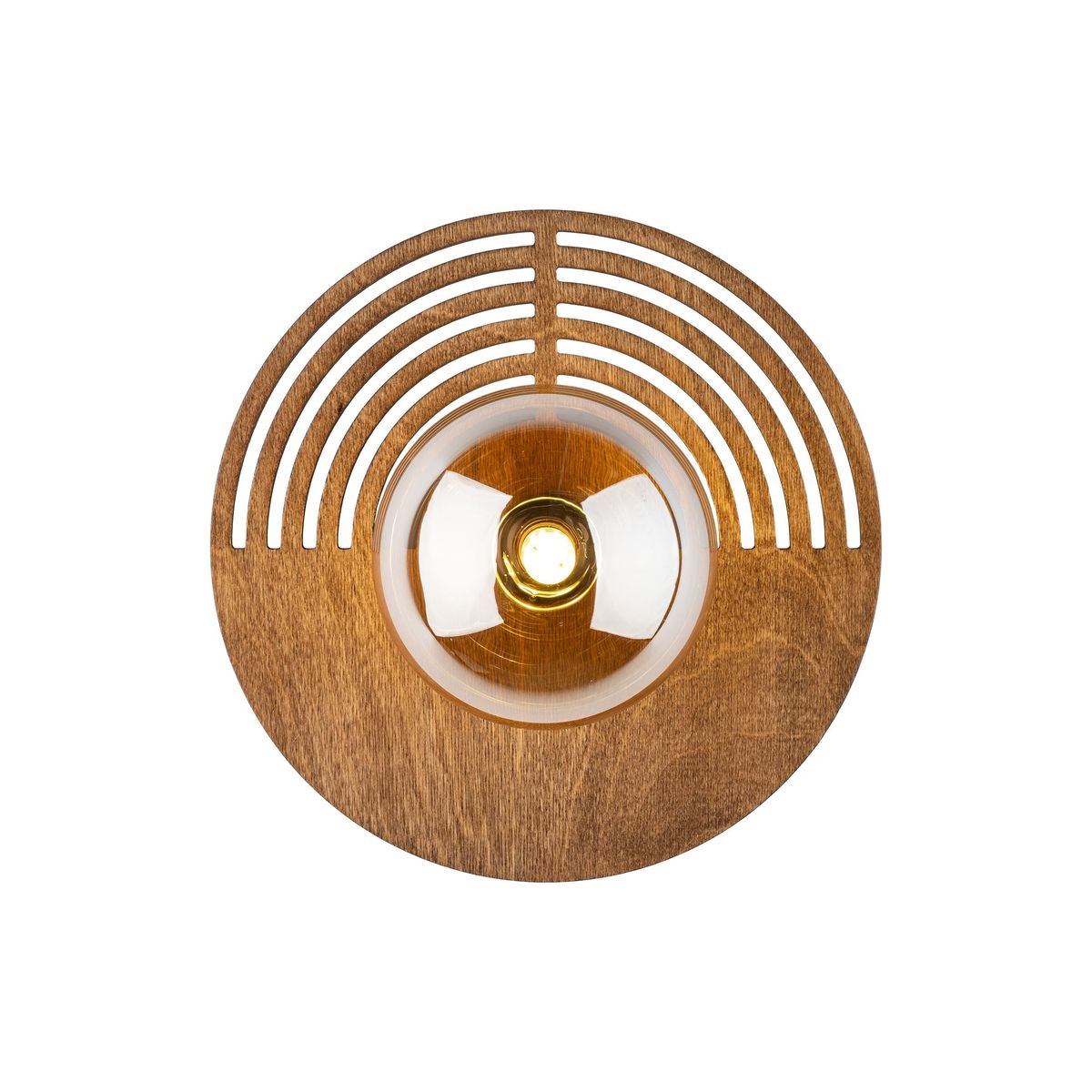 Kinkiet Lunar Wood D25 z drewna w kształcie okrągłej podstawy. Szklana osłona lampy z żarówką G9 w centralnej części, otoczona przez dekoracyjne, wycięte linie. Ujęcie frontalne, prezentujące detale konstrukcji i materiału.