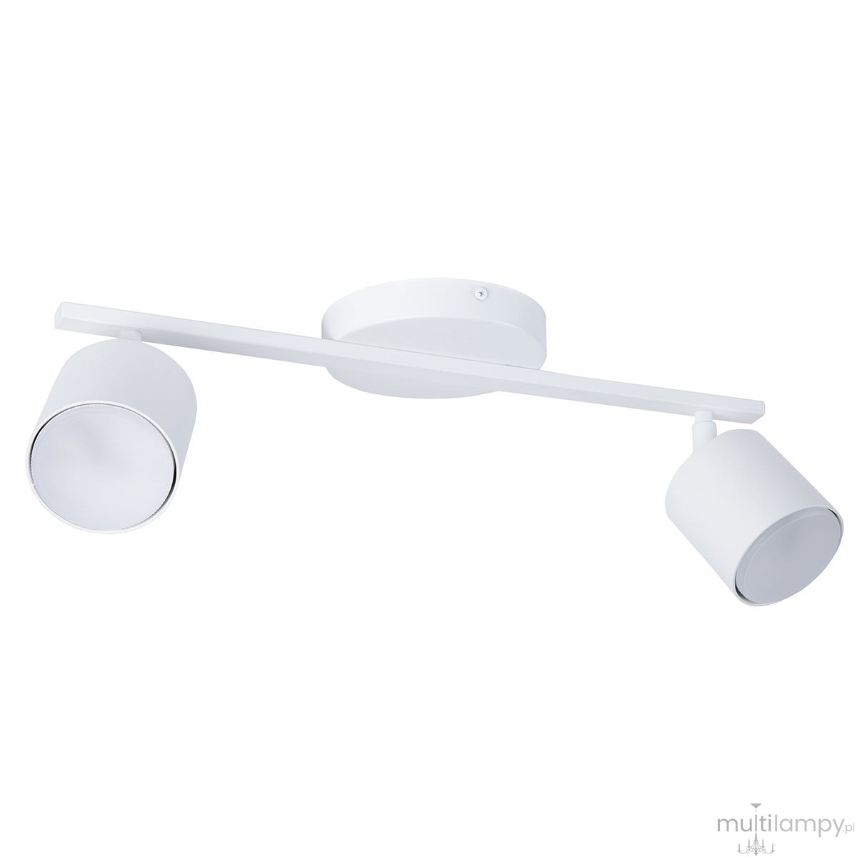 Lampa sufitowa Mila w kolorze białym z dwoma reflektorami na ruchomej belce. Reflektory mają okrągły kształt, a całość zamontowana jest na okrągłej podstawie. Produkt przeznaczony do montażu sufitowego, idealny do oświetlenia wnętrz.