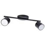 Czarna lampa sufitowa typu spot z dwoma oprawami na żarówki GX53, zamontowana na prostokątnej podstawie. Każda oprawa ma okrągły kształt z białym kloszem, ustawione równolegle do sufitu.