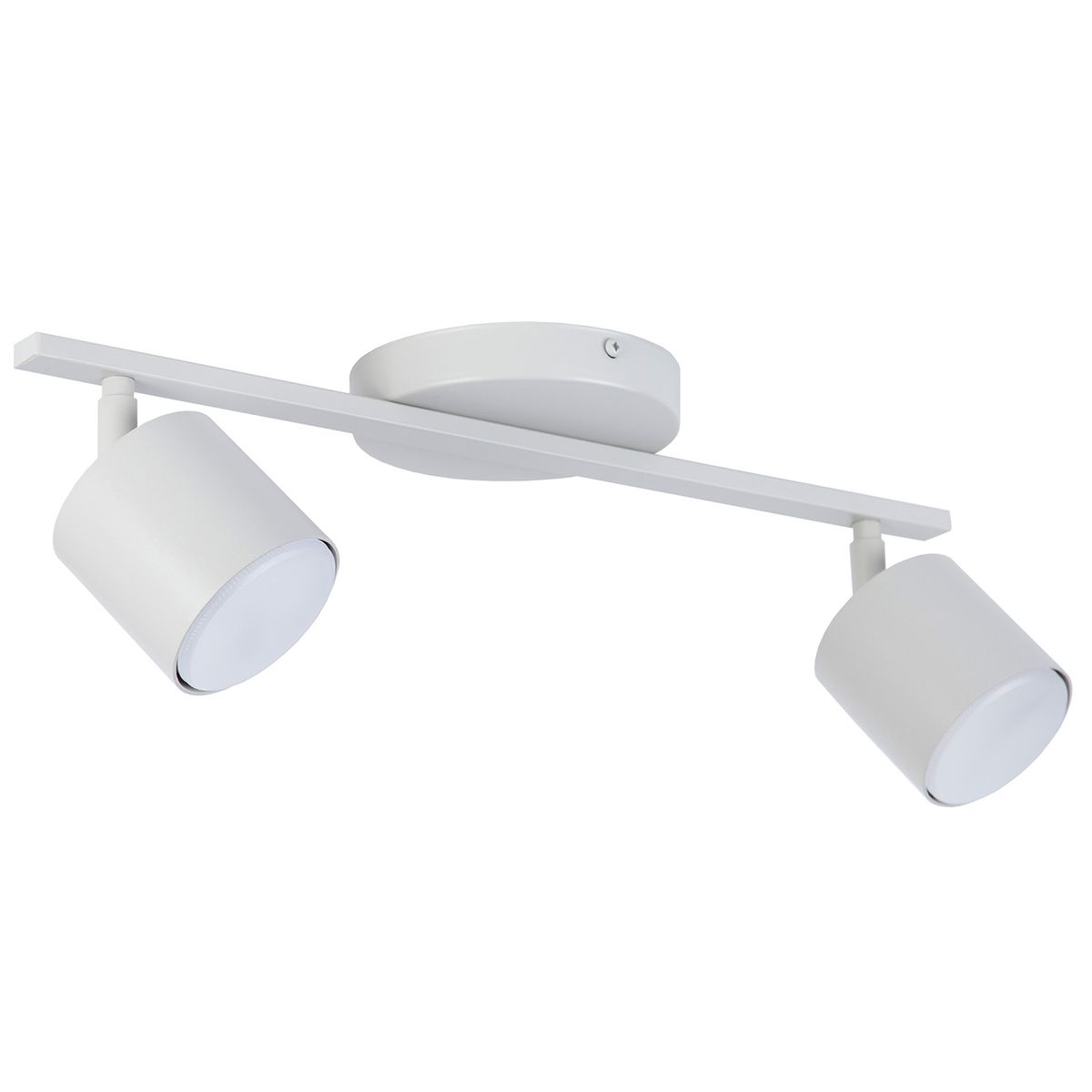 Lampa sufitowa Mila w kolorze szarym beżowym z dwoma reflektorami GX53. Ułożona poziomo na prostokątnej, metalowej podstawie. Reflektory mają cylindryczny kształt i są regulowane. Tło białe, co podkreśla minimalistyczny design.