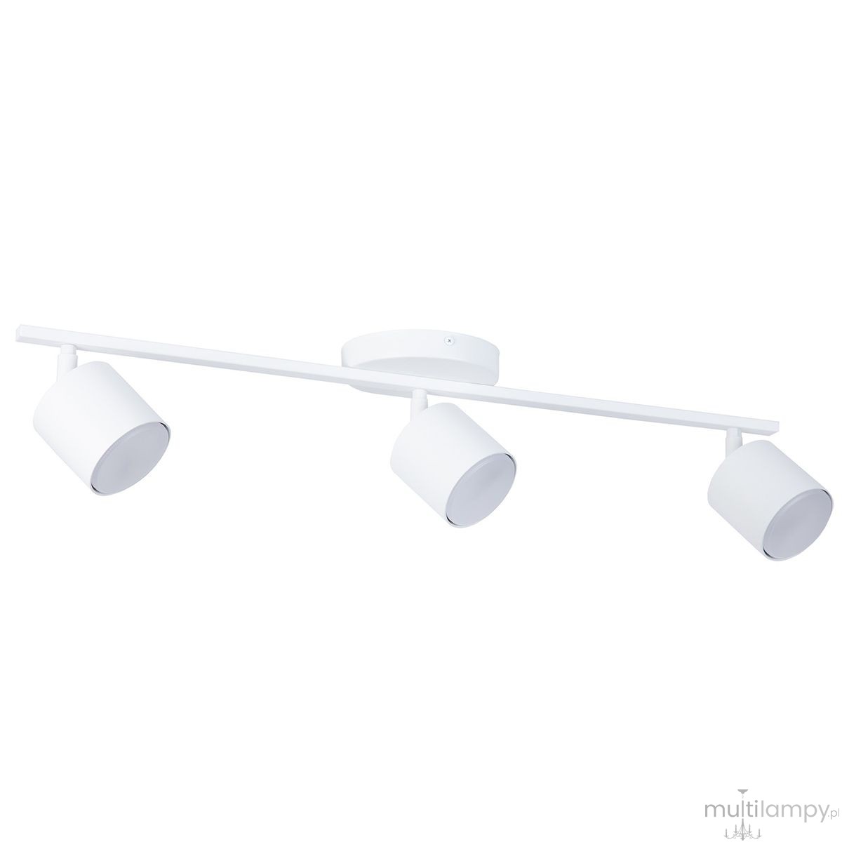 Biała lampa sufitowa Mila z trzema spotami GX53, zamontowana na prostokątnej podstawie. Każdy spot ma cylindryczny kształt i jest ustawiony na ruchomej belce, co umożliwia regulację kierunku światła. Tło jasne, jednostajne.
