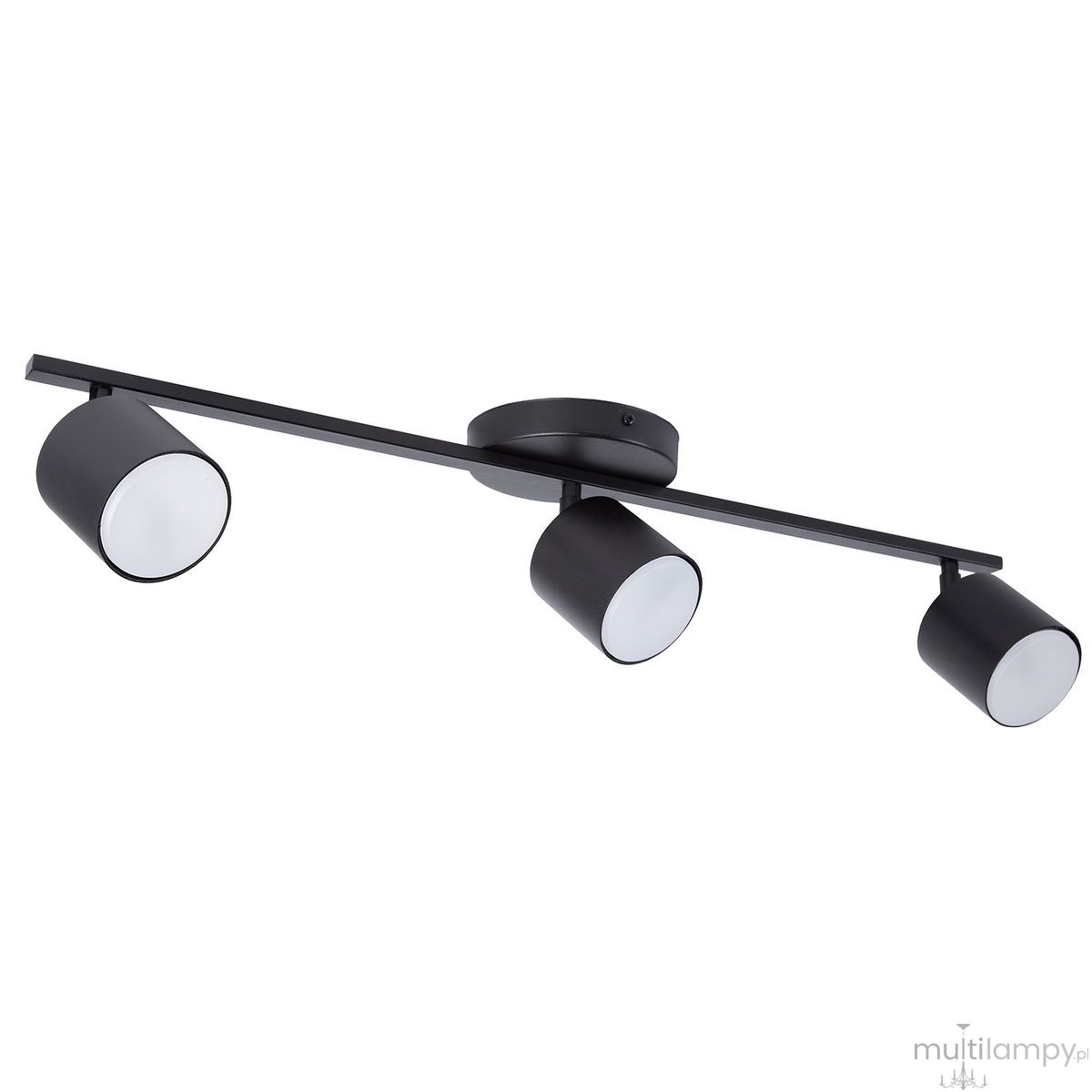 Lampa sufitowa Mila w kolorze czarnym z trzema reflektorami GX53, zamontowana na prostokątnej podstawie. Reflektory w formie cylindrów, skierowane w różnych kierunkach, zapewniają efektywne oświetlenie. Tło białe.