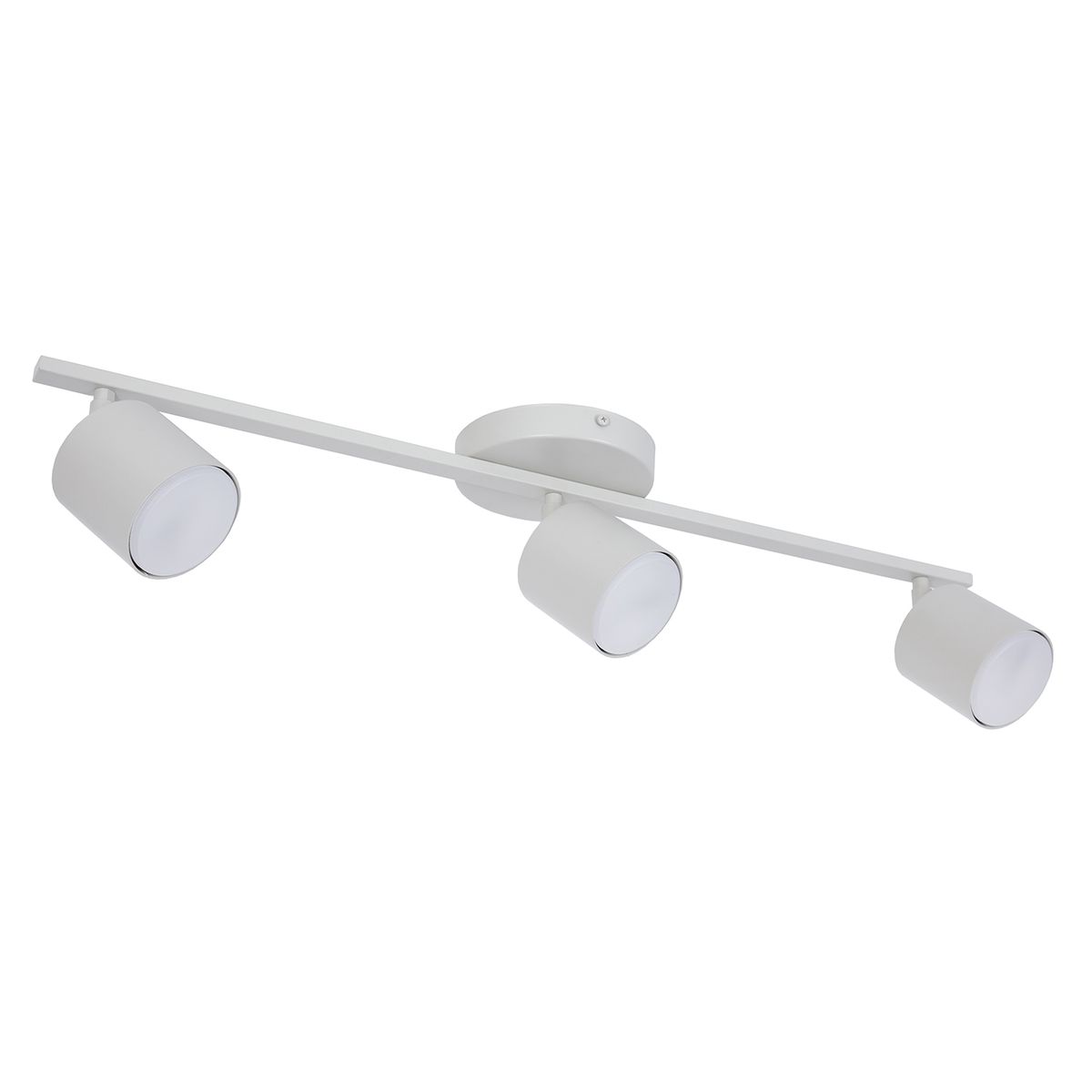 Lampa sufitowa Mila z trzema spotami w kolorze szarym beżowym, zamontowana na prostokątnej podstawie. Każdy spot ma okrągły klosz, skierowany w różne strony, co umożliwia regulację kierunku światła. Produkt ma nowoczesny, minimalistyczny design.