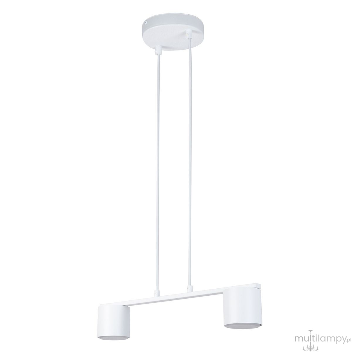 Lampa wisząca Mila z dwoma oprawami GX53 w kolorze białym, z dwoma cylindrycznymi kloszami zawieszonymi na smukłych przewodach. Ujęcie frontalne, produkt wisi pod sufitem na okrągłej podstawie.