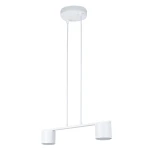Lampa wisząca Mila z dwoma oprawami GX53 w kolorze białym, z dwoma cylindrycznymi kloszami zawieszonymi na smukłych przewodach. Ujęcie frontalne, produkt wisi pod sufitem na okrągłej podstawie.