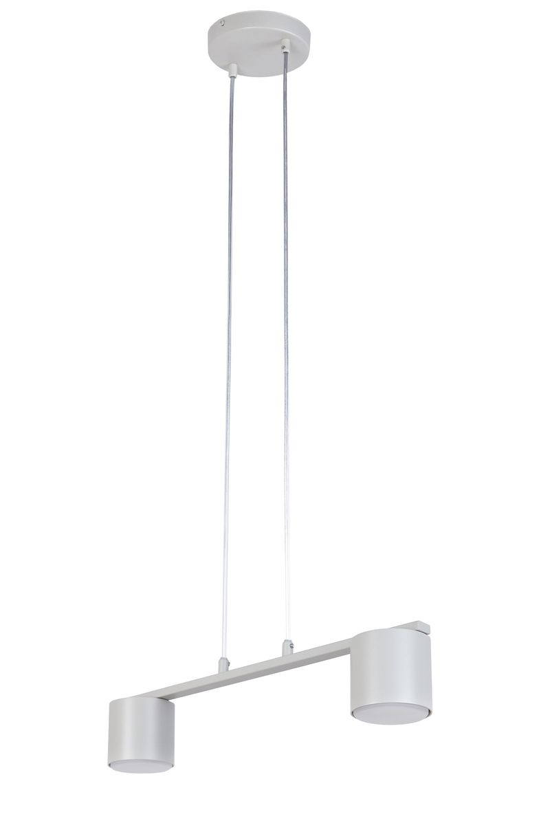 Lampa wisząca Mila 2xGX53 w kolorze szarym beżowym z dwiema cylindrycznymi oprawami. Ujęcie z przodu, zawieszona na dwóch cienkich przewodach, z okrągłym mocowaniem sufitowym. Prosta, minimalistyczna konstrukcja, idealna do nowoczesnych wnętrz.