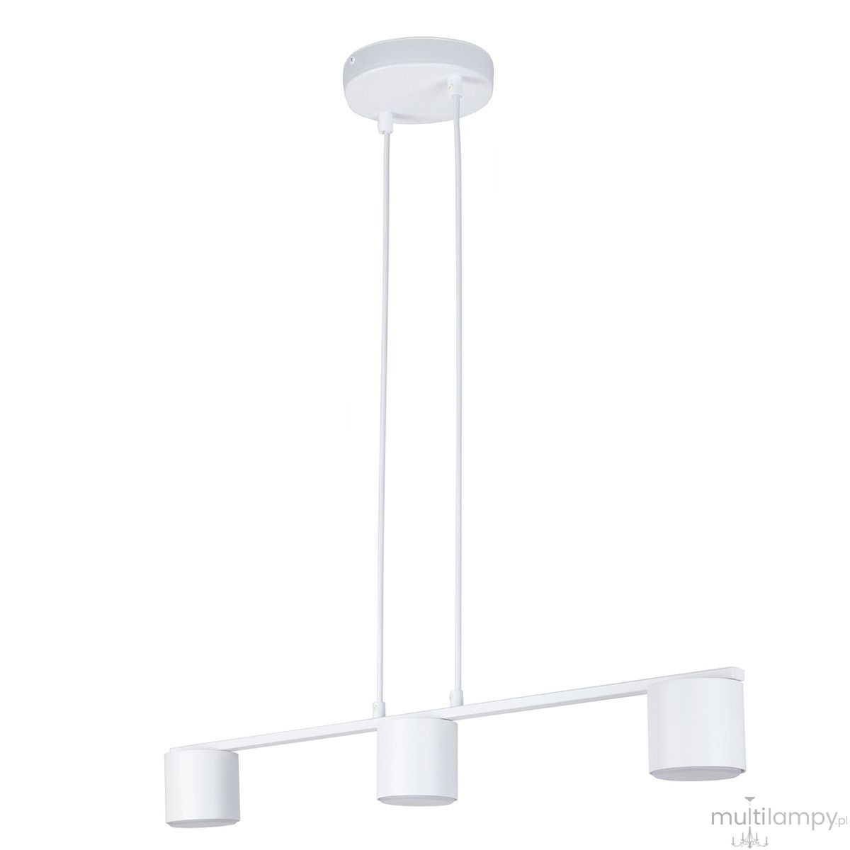 Lampa wisząca Mila z trzema oprawami GX53 w białym kolorze. Produkt wisi na dwóch białych kablach z okrągłym sufitem. Prosty, nowoczesny design, idealny do aranżacji wnętrz.