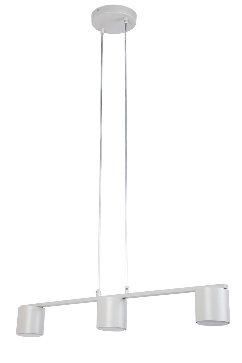 Lampa wisząca Mila w kolorze szarym beż z trzema oprawami na żarówki GX53. Produkt zawieszony na dwóch cienkich linkach, z prostą, minimalistyczną konstrukcją o równym kształcie. Idealna do nowoczesnych wnętrz.