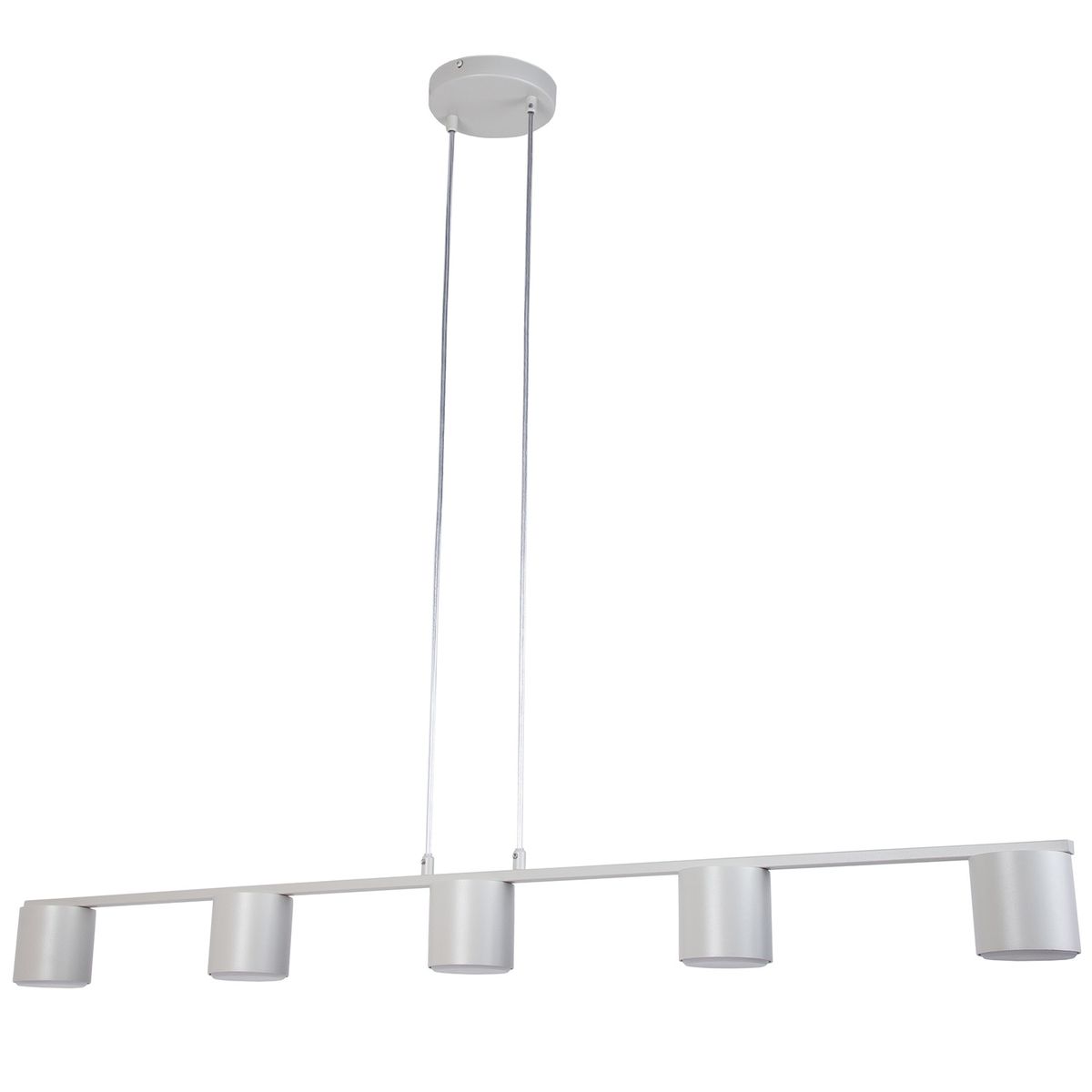 Lampa wisząca Mila w kolorze szaro-beżowym, z pięcioma miejscami na żarówki GX53. Produkt zawieszony na dwóch cienkich linkach. Prosty, minimalistyczny design, idealny do nowoczesnych wnętrz. Tło białe, co podkreśla kolor lampy.