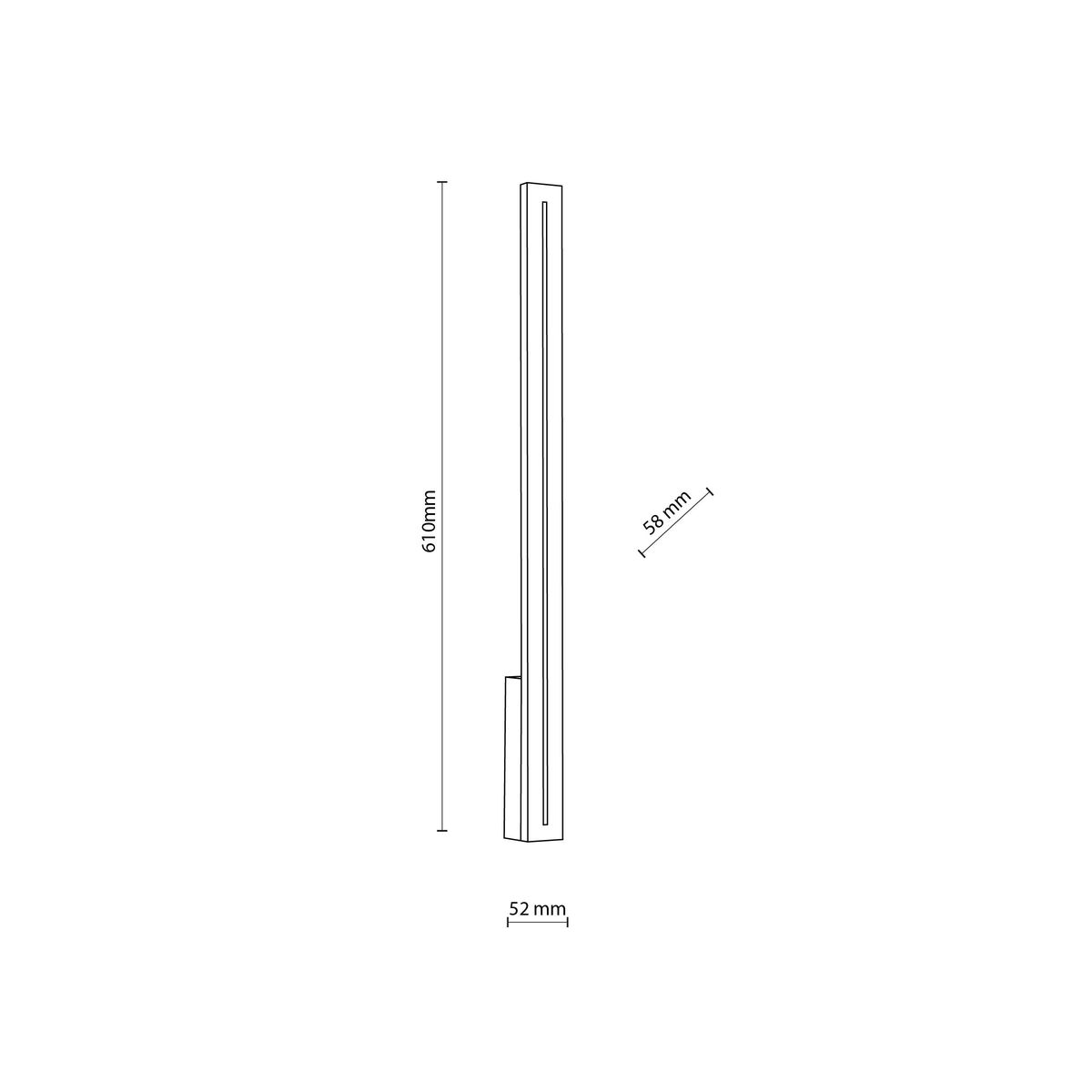 Kinkiet Linea S 1xLED 12W w kolorze szarym o wymiarach 610 mm wysokości, 52 mm szerokości i 58 mm głębokości. Prosty, pionowy kształt z minimalistycznym designem, odpowiedni do użytku wewnętrznego i zewnętrznego, z klasą ochrony IP65.
