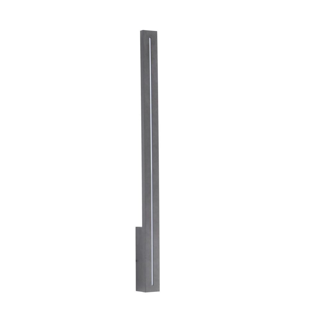 Kinkiet Linea S w kolorze szarym, wykonany z metalu, o prostokątnym kształcie. Posiada 1xLED 12W, IP65. Zainstalowany w pozycji pionowej, z widocznym wąskim źródłem światła wzdłuż krawędzi. Tło białe, co podkreśla minimalistyczny design.