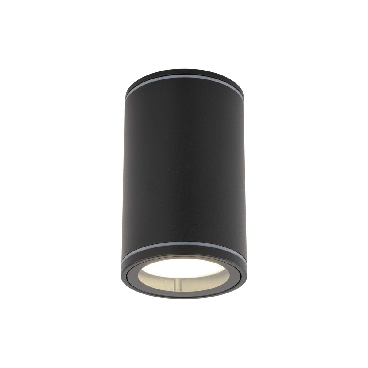 Czarna lampa sufitowa Flare z pojedynczym źródłem światła GU10, o cylindrycznym kształcie. Wykonana z matowego materiału, z subtelnym metalicznym wykończeniem na krawędzi. Oznaczenie IP44 wskazuje na odporność na wilgoć.