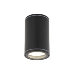 Czarna lampa sufitowa Flare z pojedynczym źródłem światła GU10, o cylindrycznym kształcie. Wykonana z matowego materiału, z subtelnym metalicznym wykończeniem na krawędzi. Oznaczenie IP44 wskazuje na odporność na wilgoć.