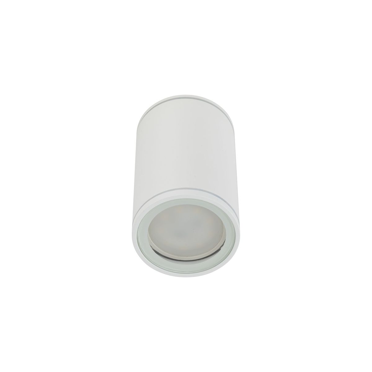 Biała lampa sufitowa Flare z miejscem na jedną żarówkę GU10, o kształcie cylindrycznym. Ujęcie z góry, ukazujące gładką powierzchnię obudowy. Ochrona IP44, co czyni ją odpowiednią do wilgotnych pomieszczeń.