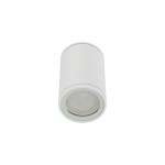 Biała lampa sufitowa Flare z miejscem na jedną żarówkę GU10, o kształcie cylindrycznym. Ujęcie z góry, ukazujące gładką powierzchnię obudowy. Ochrona IP44, co czyni ją odpowiednią do wilgotnych pomieszczeń.