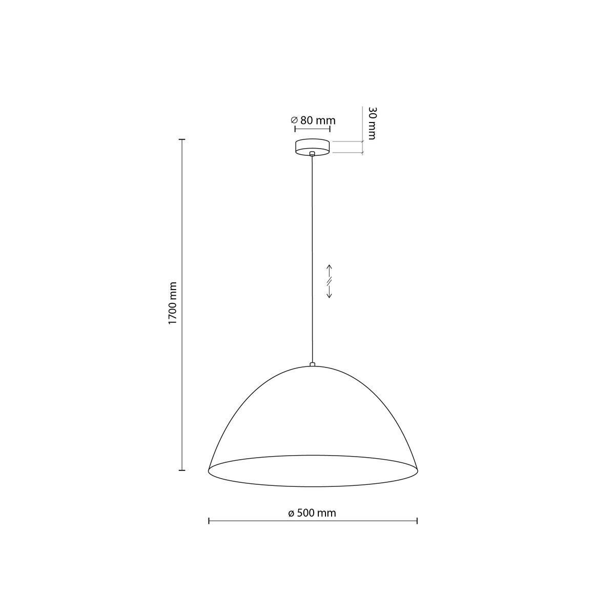 Lampa wisząca Faro 1xE27 w kolorze sabbia, o średnicy 500 mm i wysokości 1700 mm. Metalowa konstrukcja z okrągłym kloszem w kształcie półkuli, zawieszona na cienkim przewodzie. Okrągła podsufitka o średnicy 80 mm.