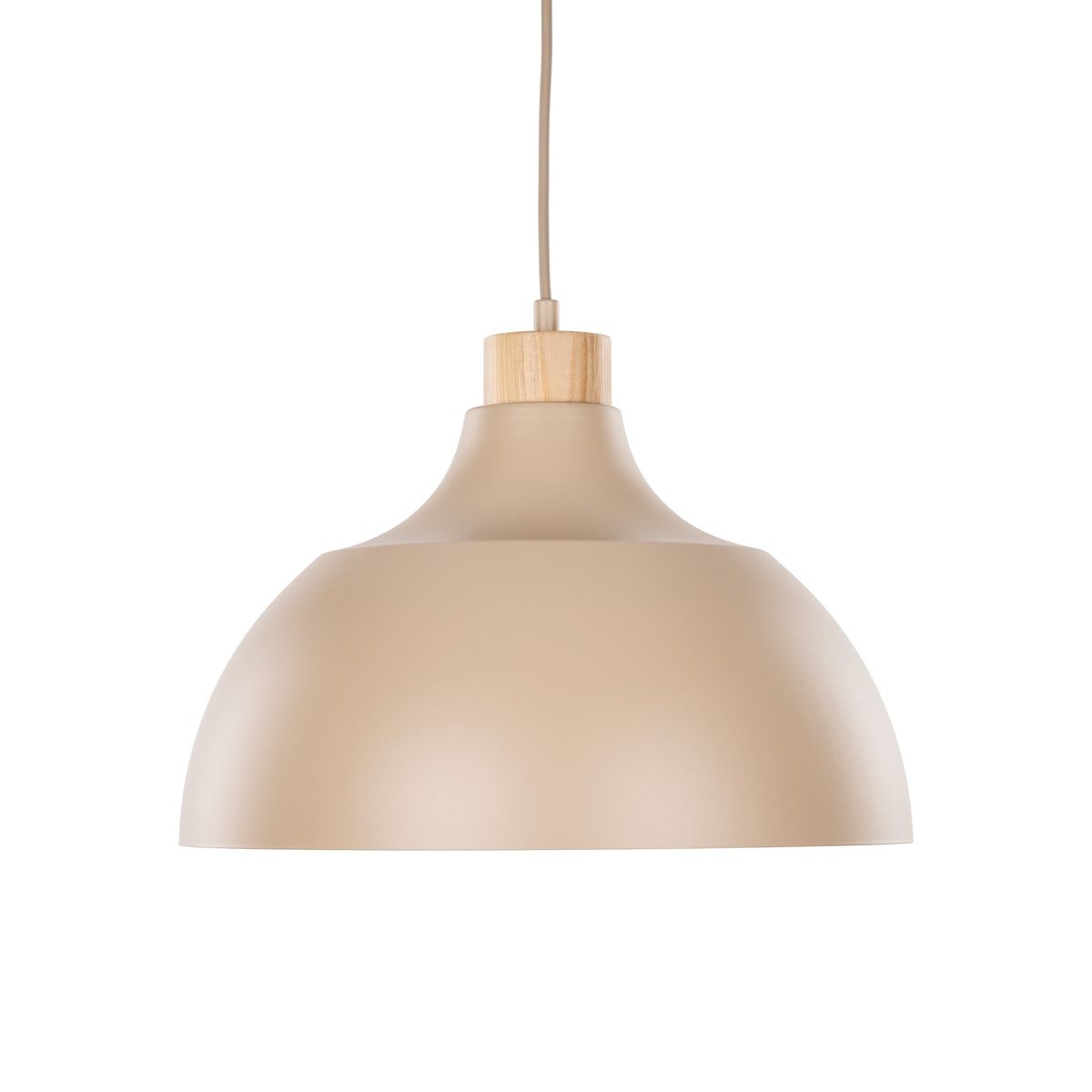 Lampa wisząca Cap z kloszem w kolorze beżowym, z drewnianym detalem na górze. W kształcie szerokiej miski, zawieszona na długim przewodzie. Przeznaczona do żarówki E27, idealna do nowoczesnych wnętrz.