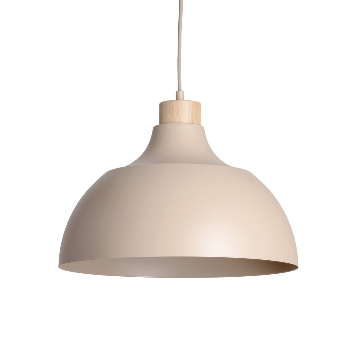 Lampa wisząca Cap 1xE27 w kolorze beżowym, z metalowym kloszem o zaokrąglonym kształcie i drewnianym detalem na górze. Zawieszona na cienkim przewodzie, oferuje minimalistyczny design, idealna do nowoczesnych wnętrz.