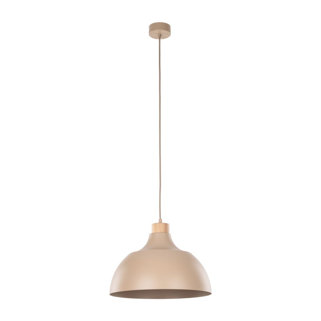 Lampa wisząca Cap 1xE27 w kolorze jasnobeżowym z metalowym kloszem w kształcie szerokiego dzwonu i drewnianym mocowaniem. Zawieszona na długim przewodzie, idealna do nowoczesnych wnętrz.