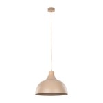 Lampa wisząca Cap 1xE27 w kolorze jasnobeżowym z metalowym kloszem w kształcie szerokiego dzwonu i drewnianym mocowaniem. Zawieszona na długim przewodzie, idealna do nowoczesnych wnętrz.