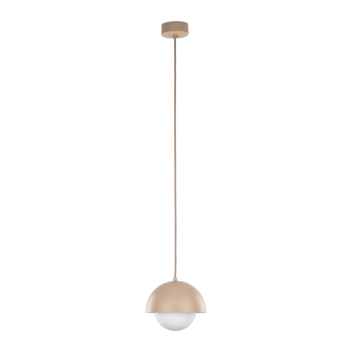Lampa wisząca Bono D17 z metalowym kloszem w kolorze beżowym i białym, z jednym gniazdem G9. Zawieszona na długim, cienkim przewodzie. Prosty design, idealna do nowoczesnych wnętrz.