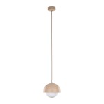 Lampa wisząca Bono D17 z metalowym kloszem w kolorze beżowym i białym, z jednym gniazdem G9. Zawieszona na długim, cienkim przewodzie. Prosty design, idealna do nowoczesnych wnętrz.
