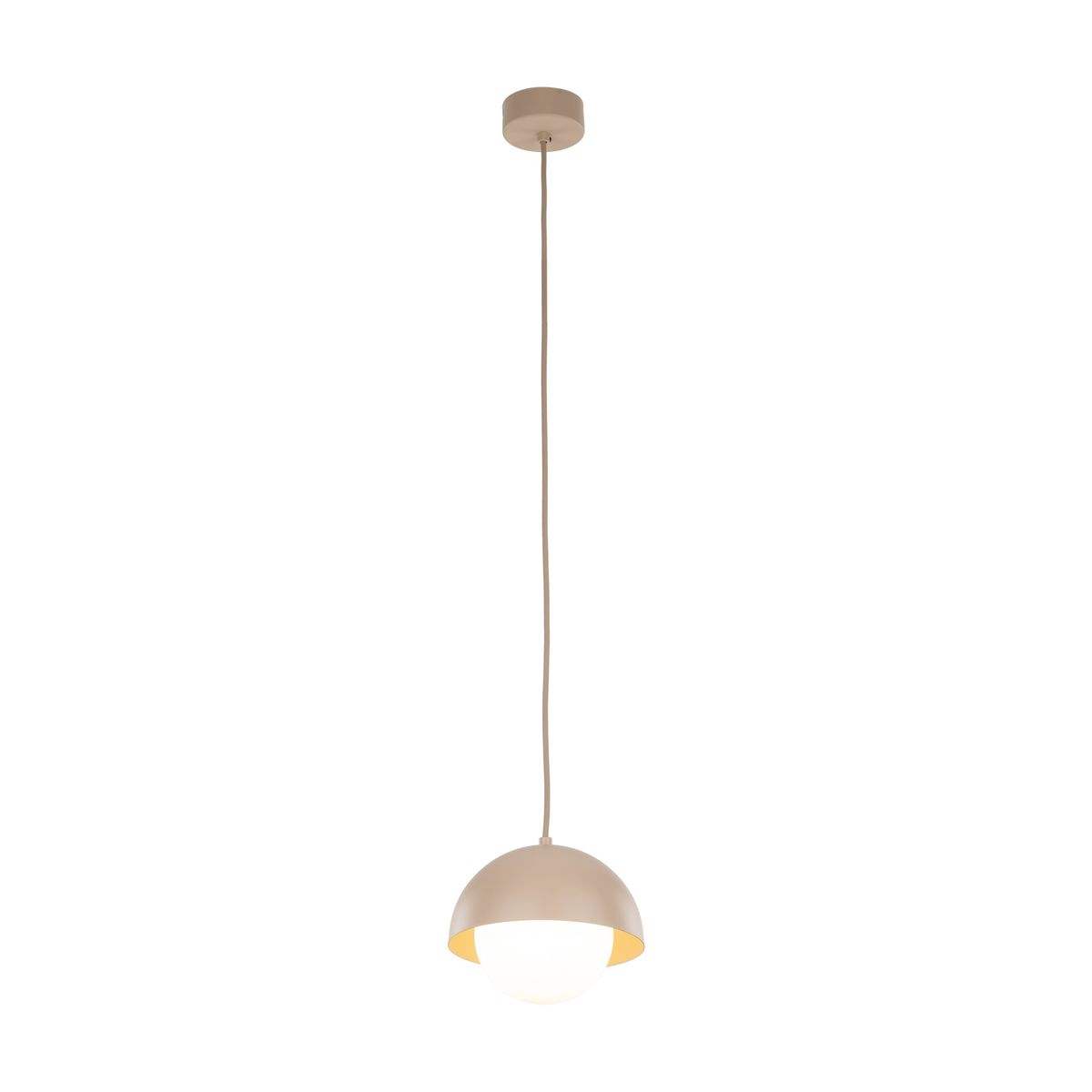 Lampa wisząca Bono D17 w kolorze beżowym z półkuli z matowego szkła i metalowym wykończeniem. Zawieszona na długim kablu, prezentuje minimalistyczny design. Idealna do nowoczesnych wnętrz.