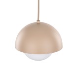 Lampa wisząca Bono D17 z metalowym kloszem w kolorze beżowym, o półkulistym kształcie, zawieszona na cienkim przewodzie. Posiada szklaną, białą kulę na dole, przeznaczona na żarówkę G9. Idealna do nowoczesnych wnętrz.