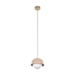 Lampa wisząca Bono D17 w kolorze jasnobeżowym, z metalowym kloszem w formie półkuli i białą szklaną kulą. Zawieszona na długim przewodzie, montowana do sufitu. Idealna do nowoczesnych wnętrz.