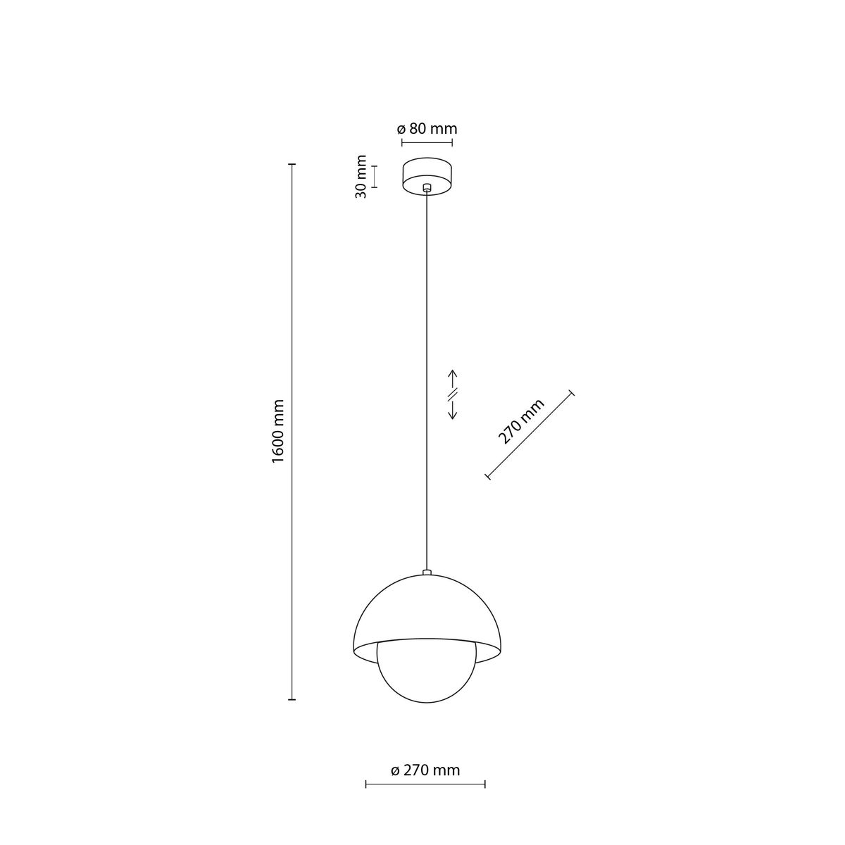 Lampa wisząca Bono D27 z kloszem w kształcie półkuli, średnica 270 mm, zawieszona na lince o długości 1600 mm. Górna część klosza w kolorze białym, dolna przezroczysta. Montaż sufitowy, z miejscem na żarówkę G9. Prosty, nowoczesny design.