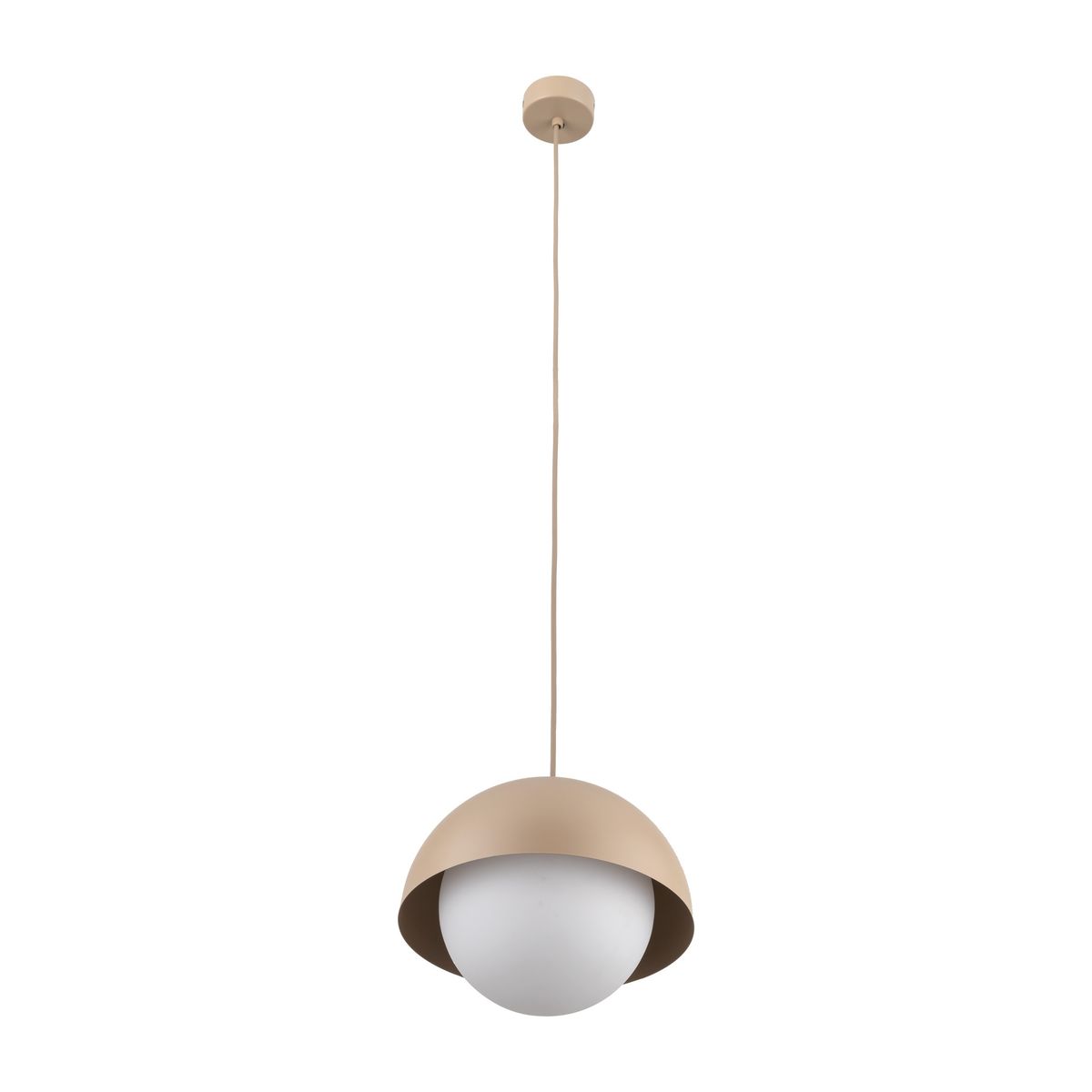 Lampa wisząca Bono D27 w kolorze beżowym z białym kloszem w kształcie kulistym, zawieszona na długim przewodzie. Klosz z metalowym, półokrągłym daszkiem, montowana na suficie. Idealna do nowoczesnych wnętrz.