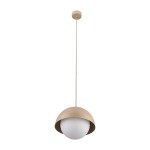 Lampa wisząca Bono D27 w kolorze beżowym z białym kloszem w kształcie kulistym, zawieszona na długim przewodzie. Klosz z metalowym, półokrągłym daszkiem, montowana na suficie. Idealna do nowoczesnych wnętrz.