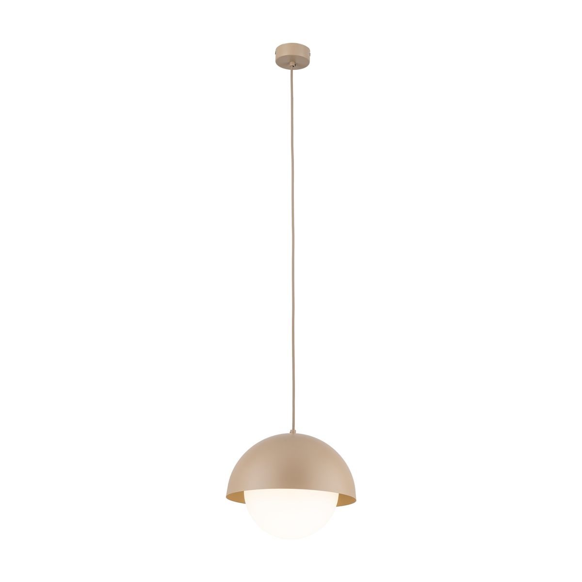 Lampa wisząca Bono D27 z kloszem w kształcie półkuli, w kolorze beżowym, z białym, okrągłym źródłem światła. Zawieszona na długim przewodzie, montowana pod sufitem, idealna do wnętrz nowoczesnych.