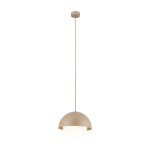 Lampa wisząca Bono D27 z kloszem w kształcie półkuli, w kolorze beżowym, z białym, okrągłym źródłem światła. Zawieszona na długim przewodzie, montowana pod sufitem, idealna do wnętrz nowoczesnych.
