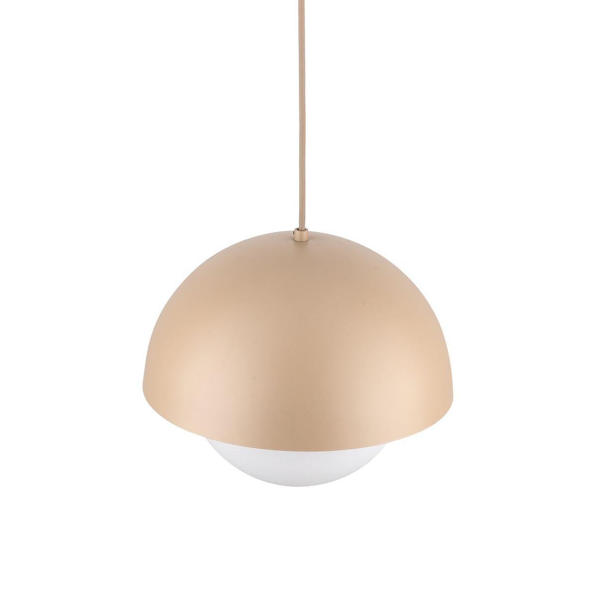 Lampa wisząca Bono D27 w kolorze piaskowym, o kulistym kształcie z metalowym kloszem i białym, szklanym dyfuzorem. Zawieszona na cienkim przewodzie, idealna do oświetlenia wnętrz. Wymiary i styl minimalistyczny.