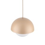 Lampa wisząca Bono D27 w kolorze piaskowym, o kulistym kształcie z metalowym kloszem i białym, szklanym dyfuzorem. Zawieszona na cienkim przewodzie, idealna do oświetlenia wnętrz. Wymiary i styl minimalistyczny.