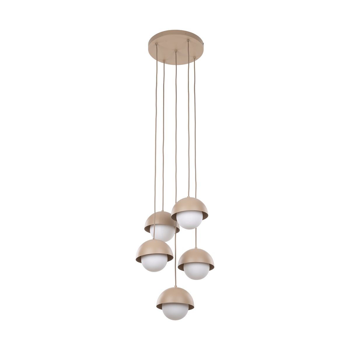 Lampa wisząca Bono z pięcioma kloszami G9 w kolorze beżowym. Klosze mają kształt półkulisty, wykonane z matowego materiału, zawieszone na cienkich linkach. Całość zamontowana na okrągłej podstawie sufitowej.