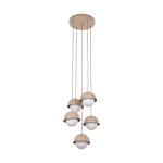 Lampa wisząca Bono z pięcioma kloszami G9 w kolorze beżowym. Klosze mają kształt półkulisty, wykonane z matowego materiału, zawieszone na cienkich linkach. Całość zamontowana na okrągłej podstawie sufitowej.