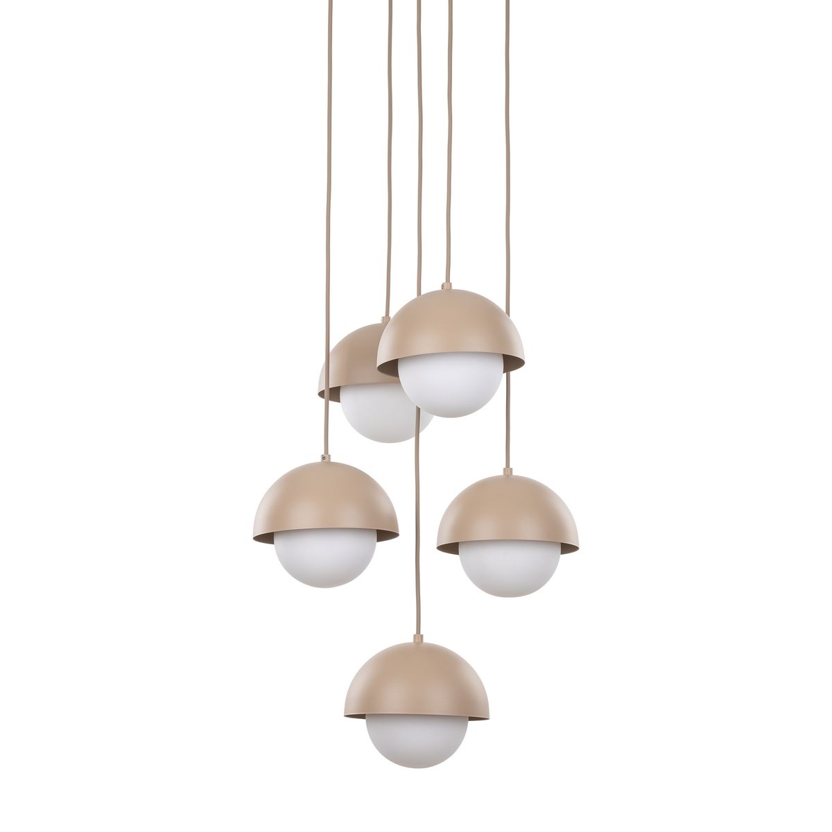 Lampa wisząca Bono 5xG9 w kolorze beżowym z pięcioma okrągłymi kloszami, z metalową górą i mlecznym szkłem. Zawieszona na długich przewodach, tworzy nowoczesny efekt świetlny. Idealna do aranżacji wnętrz.