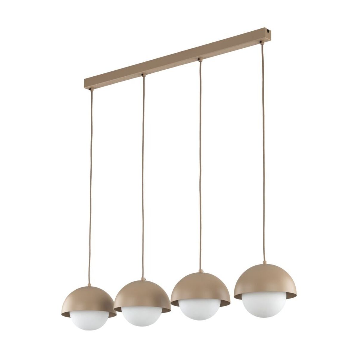 Lampa wisząca Bono 4xG9 w odcieniu beżowym z czterema okrągłymi kloszami z białego szkła. Elementy zawieszone na długich, cienkich przewodach. Prosty, nowoczesny design, idealna do aranżacji wnętrz.