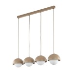 Lampa wisząca Bono 4xG9 w odcieniu beżowym z czterema okrągłymi kloszami z białego szkła. Elementy zawieszone na długich, cienkich przewodach. Prosty, nowoczesny design, idealna do aranżacji wnętrz.