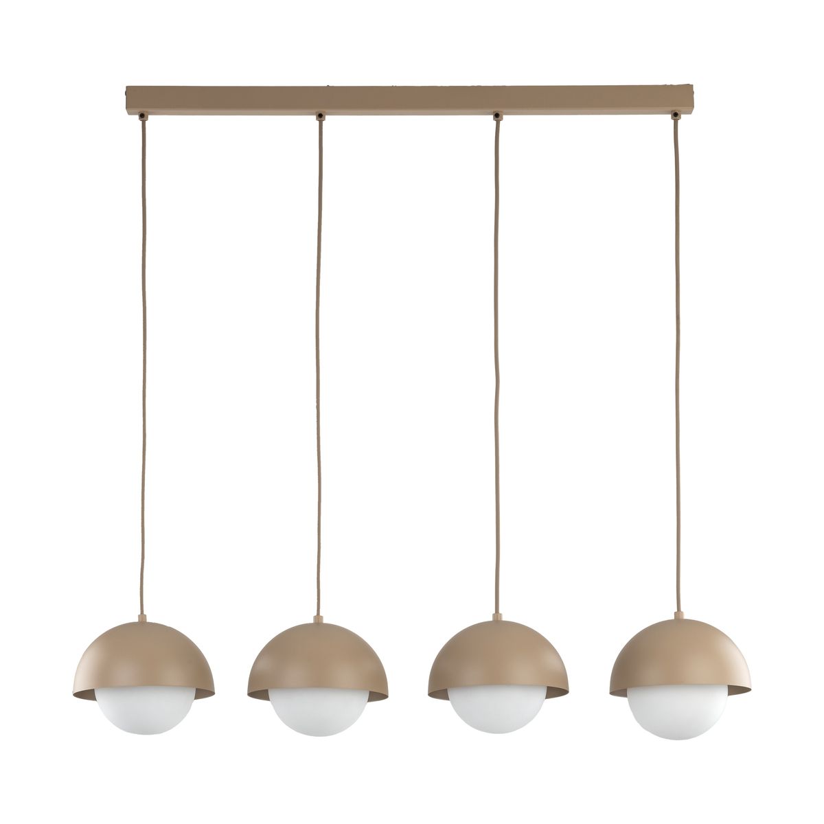 Lampa wisząca Bono z czterema oprawami G9, zawieszona na prostokątnej, metalowej podstawie w kolorze beżowym. Każda oprawa ma półkulisty klosz z białego szkła oraz beżową, metalową osłonę. Długość przewodów umożliwia regulację wysokości.